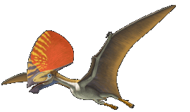 Pixelated rendering of a pterosaur in flight with outstretched wings and a large colorful head crest.