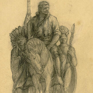 Pencil sketch of the Roosevelt equestrian statue by Fraser, with Roosevelt on horseback and two figures walking on each side