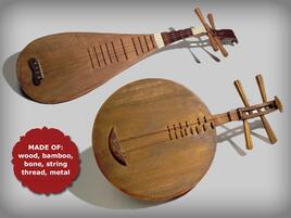 stringed instruments called pipa and moon lute that are made of wood, bamboo, bone, string, thread, and metal