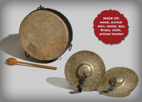 drums and cymbals made of wood, animal skin, metal, dye, brass, cloth, and animal tendon