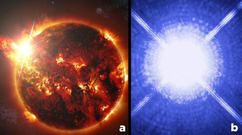 a. (left). red giant (artist rendering) and b. (right) white dwarf
