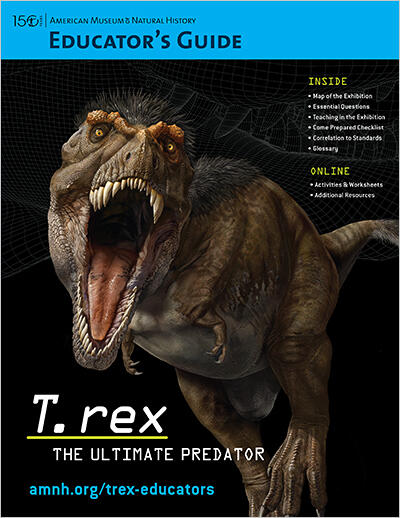 Cover of a Museum Educator's Guide featuring visualizaton of Tyrannosaurus Rex on the cover and text "T. rex: The Ultimate Predator."