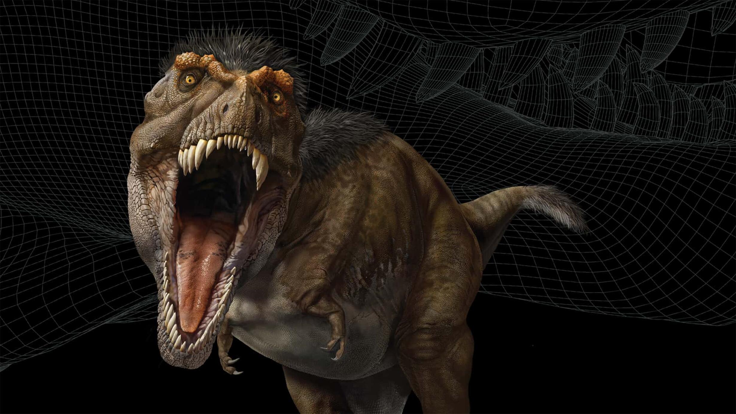 Visualization of a Tyrannosaurus Rex with its mouth wide open, revealing rows of sharp teeth.