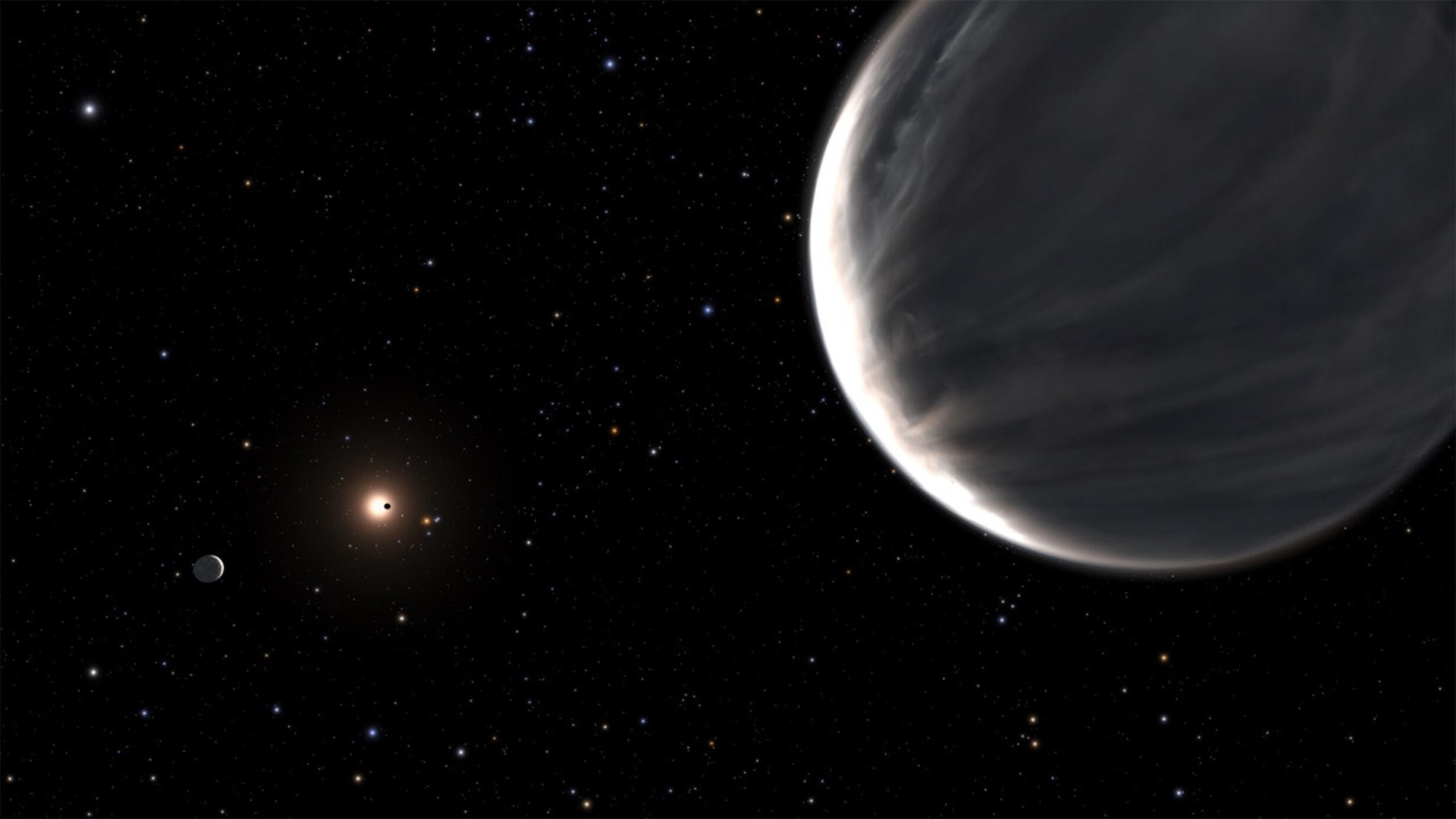 Large planet in right foreground, a small planet in left foreground and even smaller planet in left background passing in front of a bright star.