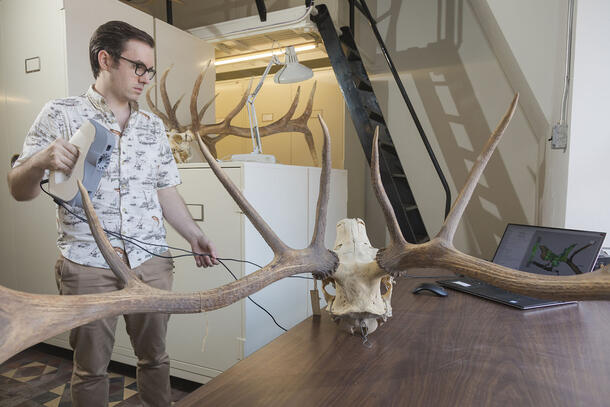 Scientist Zachary Calamari holds a scanning device in one hand and wires in the other and points it toward a large elk skull on a wooden table.