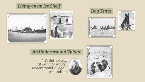 scrapbook of Norwegian team tents and dog tents plus hatch to underground village