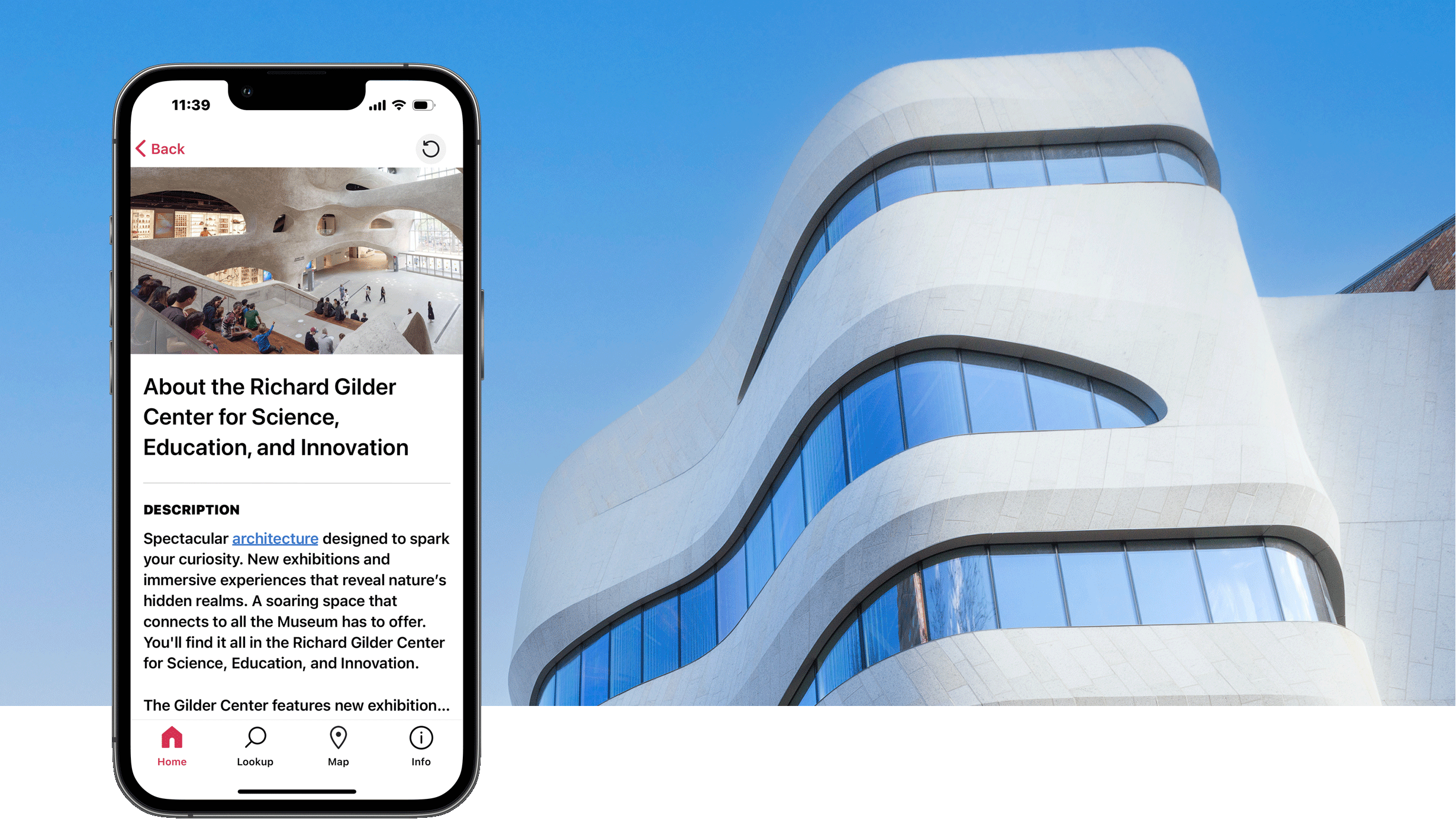 Exterior view of the sweeping modern architecture of the Gilder Center, with an overlay of a cellphone displaying the Bloomberg Connects app.